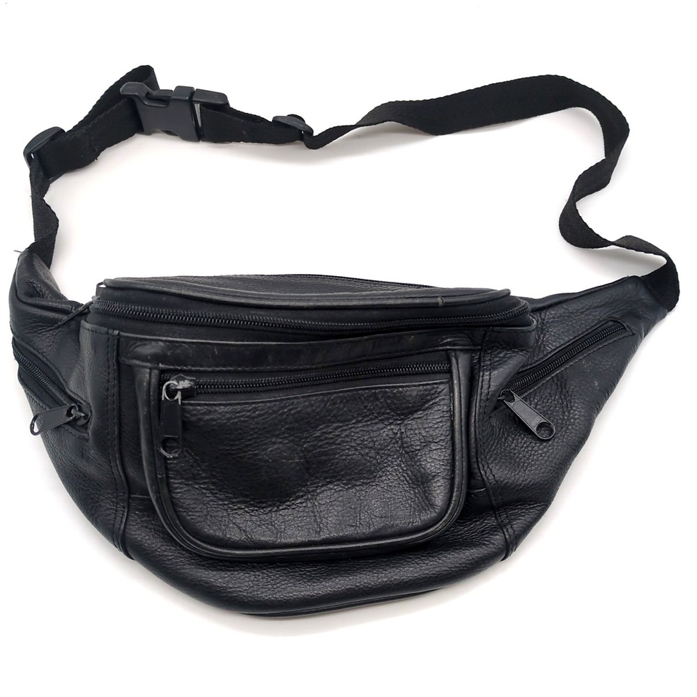 Wilson's Leather Unisex Fanny Pack Black Leather Adjustable Waist Strap Travel